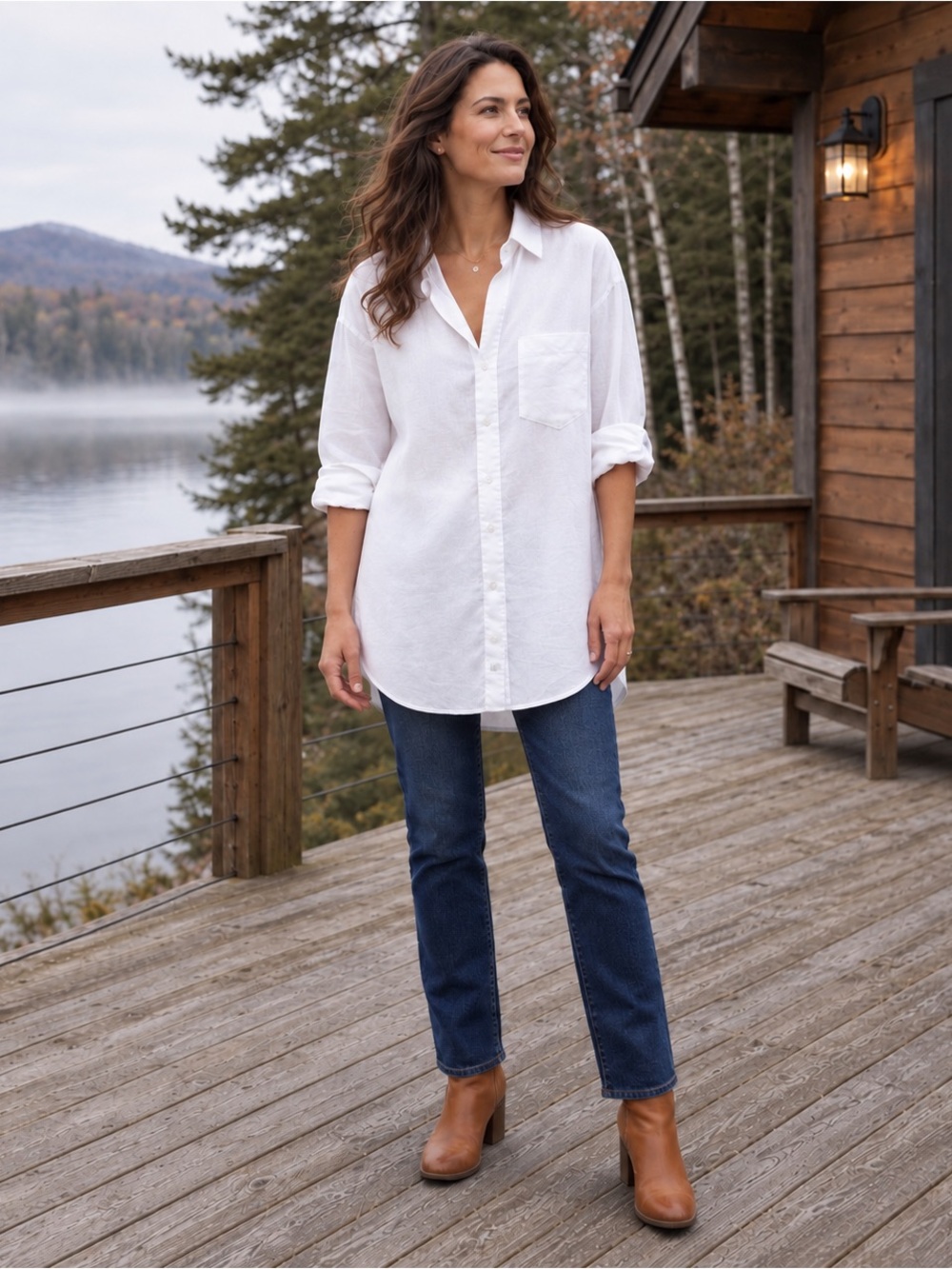 Frank & Eileen Mackenzie White Linen Oversized Button Down Shirt One Size OS